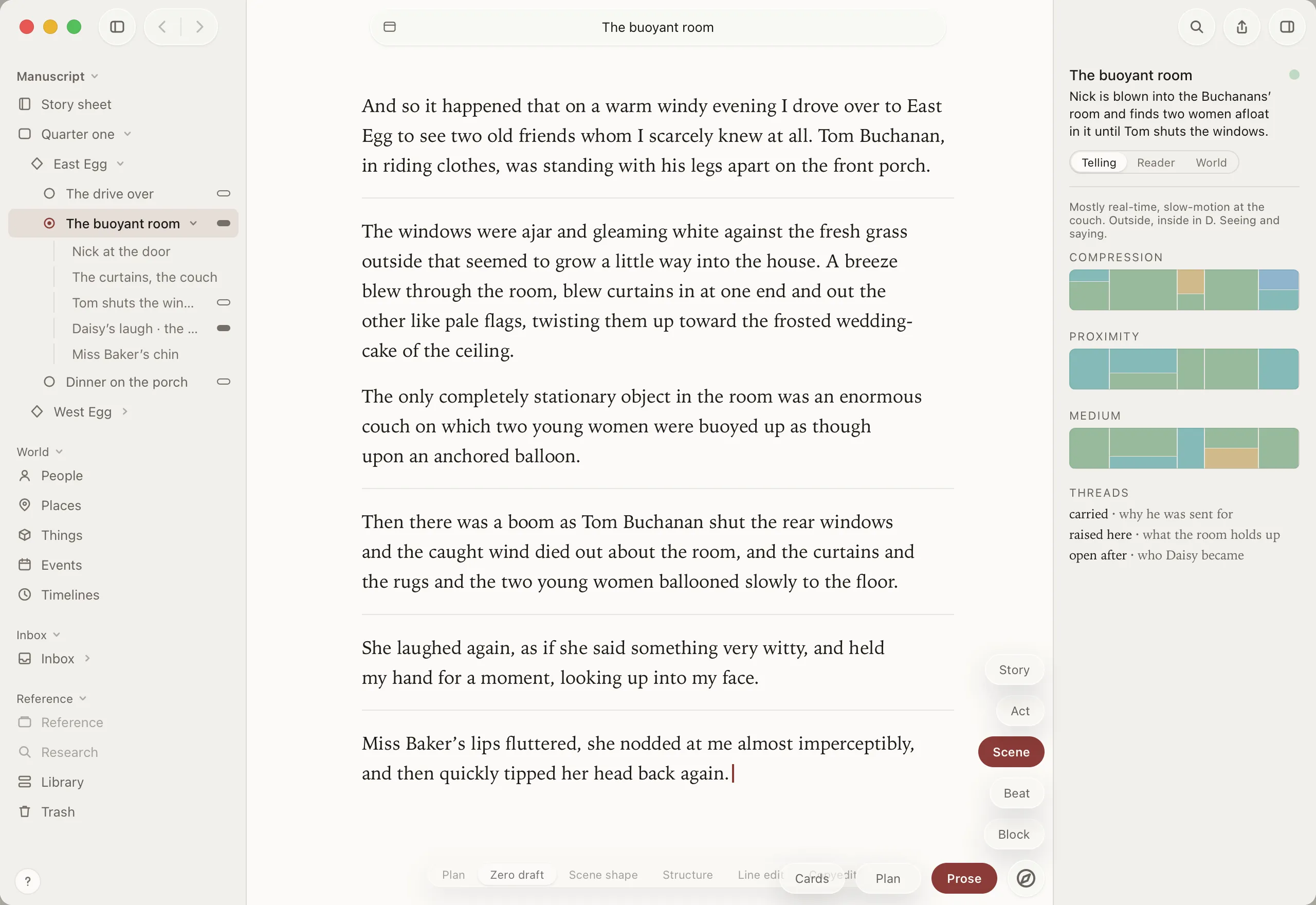 The compass open at the page's corner: story, act, scene, beat and block above it; prose, cards and plan beside it.