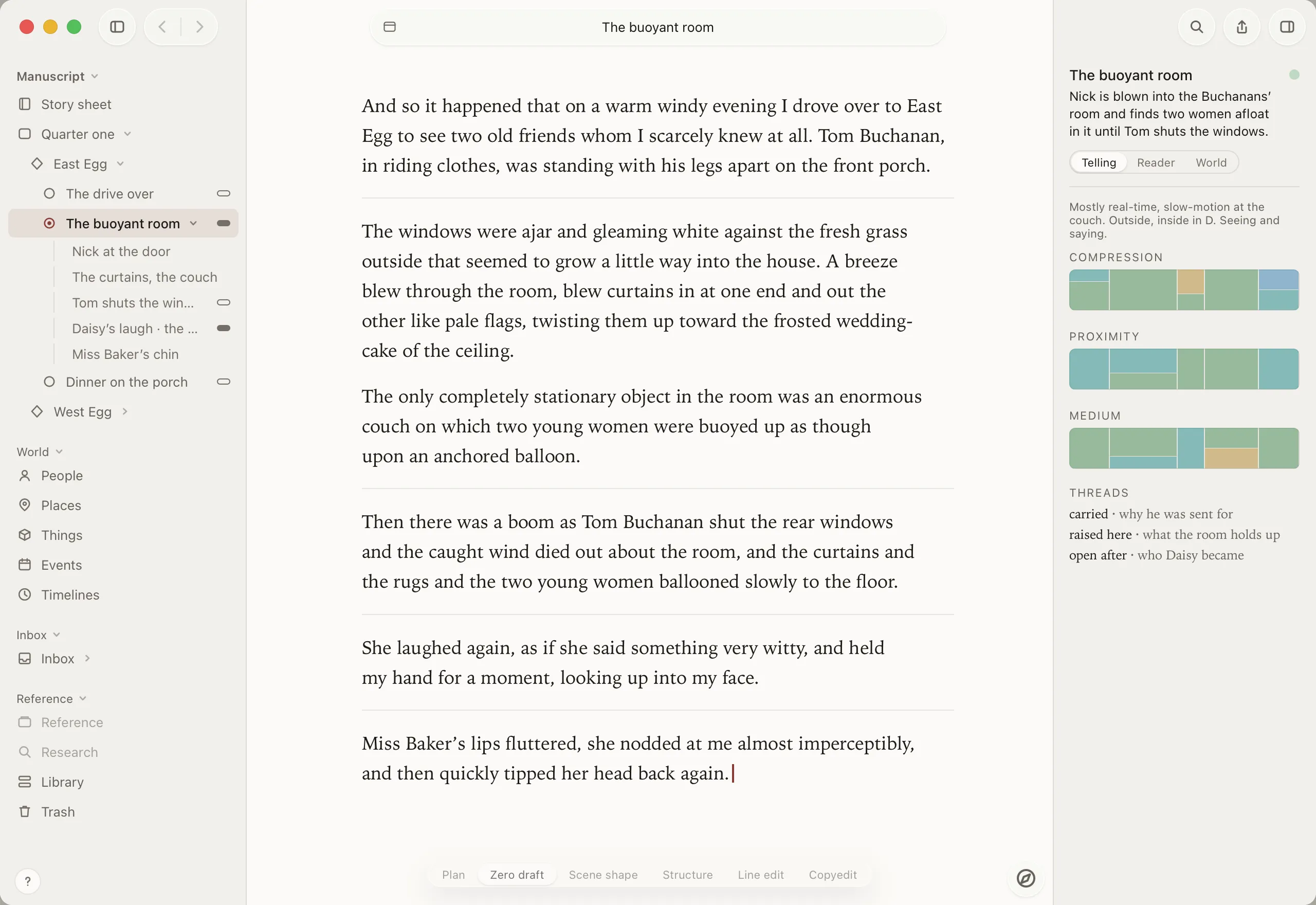 Kolophon on the Mac: a chapter of The Great Gatsby in the centre, the book's acts and scenes in the sidebar, and the inspector showing the scene's pacing, point of view and threads.