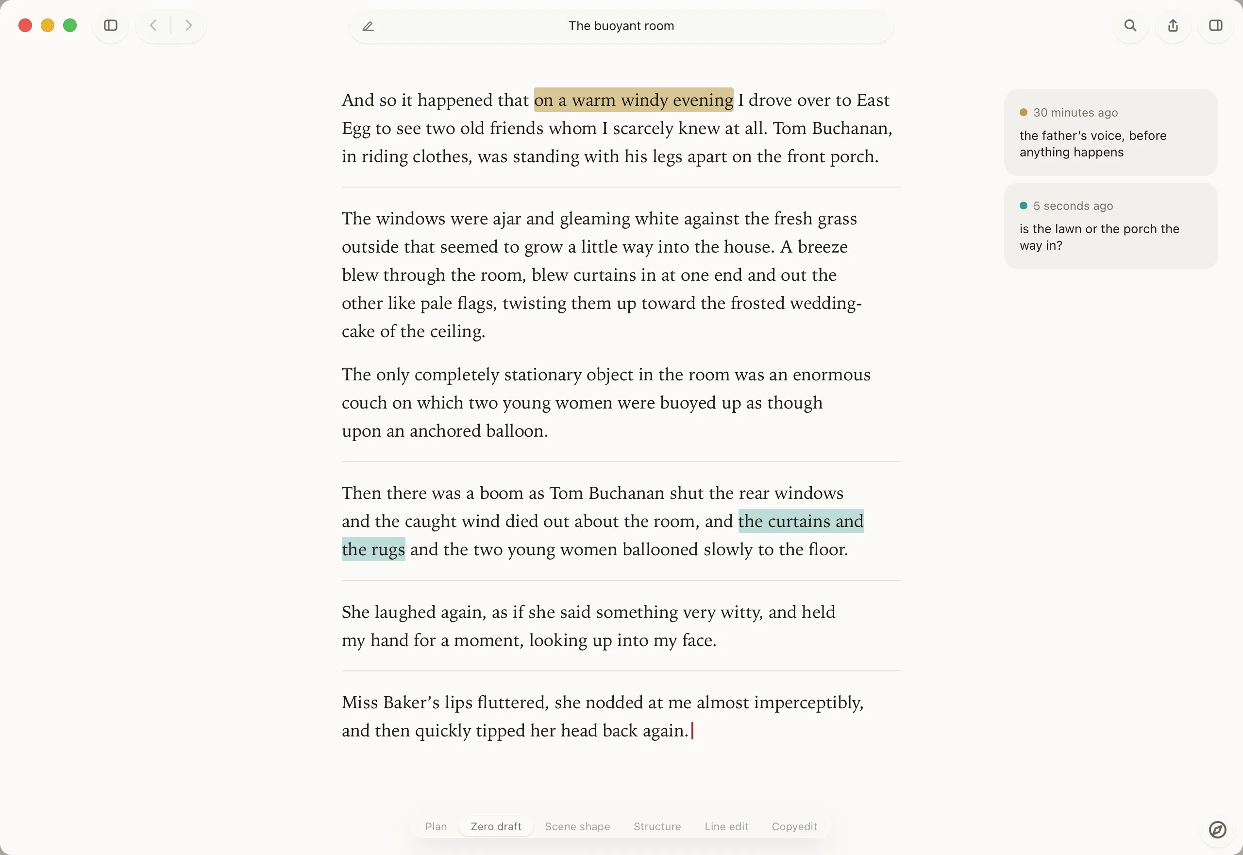 A Gatsby page in Kolophon with two phrases highlighted and their notes as cards in the right margin.