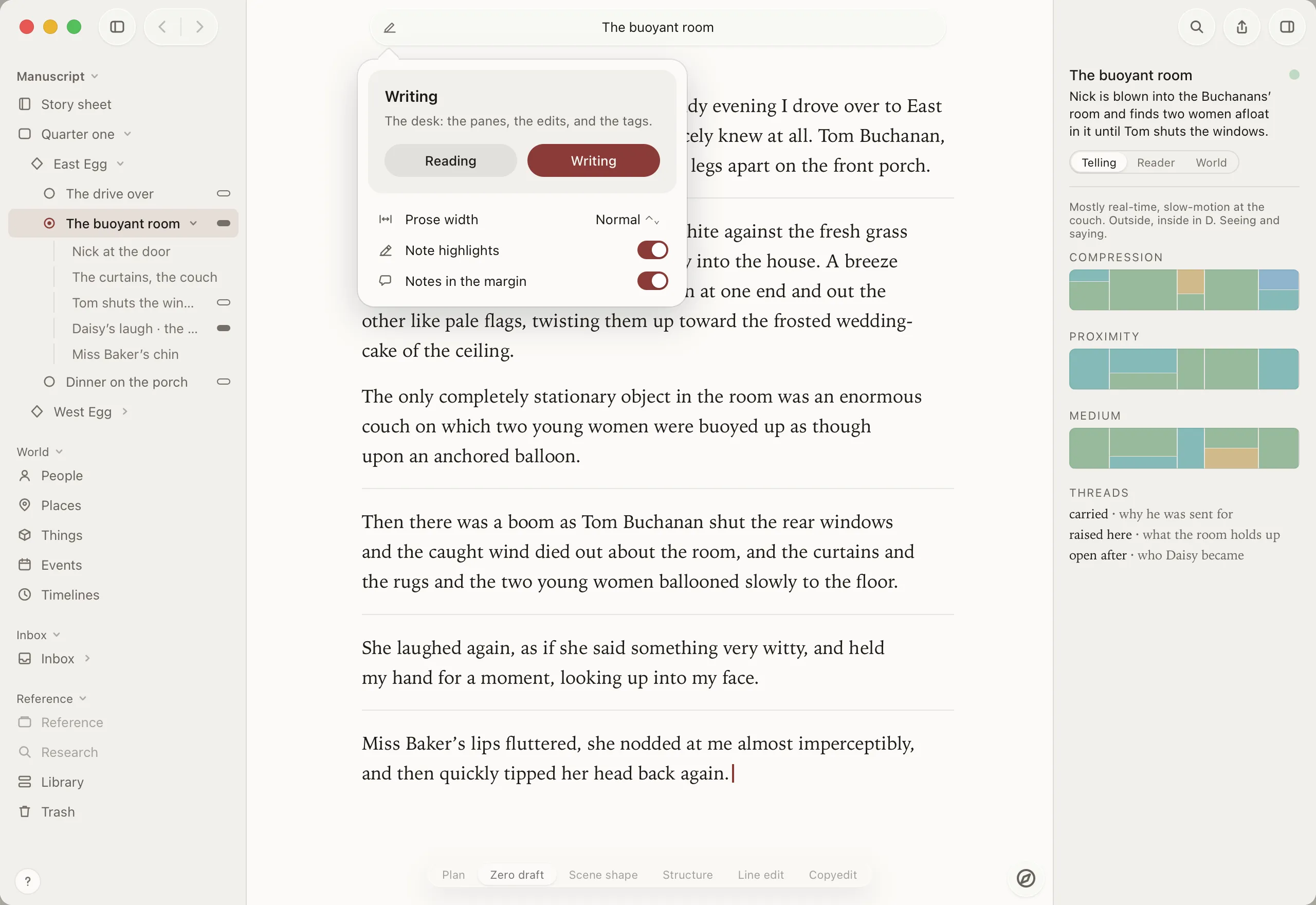 Kolophon's view menu over a Gatsby page: Reading and Writing modes, prose width, and note settings.